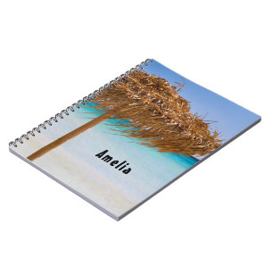 Scenic Tropical Beach with Straw Umbrella Notebook