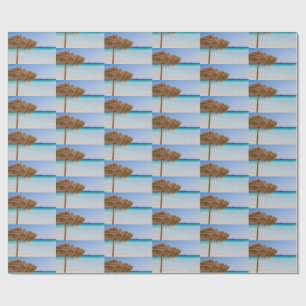 Scenic Tropical Beach with Straw Umbrella Pattern Wrapping Paper