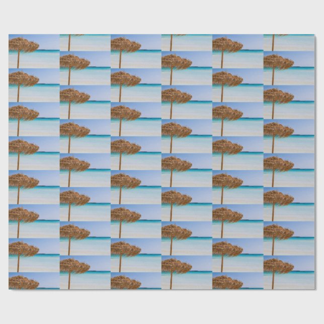 Scenic Tropical Beach with Straw Umbrella Pattern Wrapping Paper (Flat)