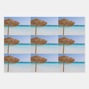 Scenic Tropical Beach with Straw Umbrella Pattern Wrapping Paper Sheet