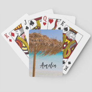 Scenic Tropical Beach with Straw Umbrella Playing Cards