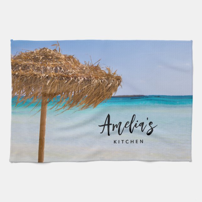 Scenic Tropical Beach with Straw Umbrella Tea Towel (Horizontal)