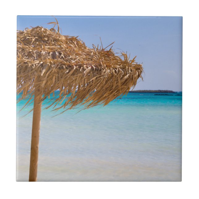 Scenic Tropical Beach with Straw Umbrella Tile (Front)