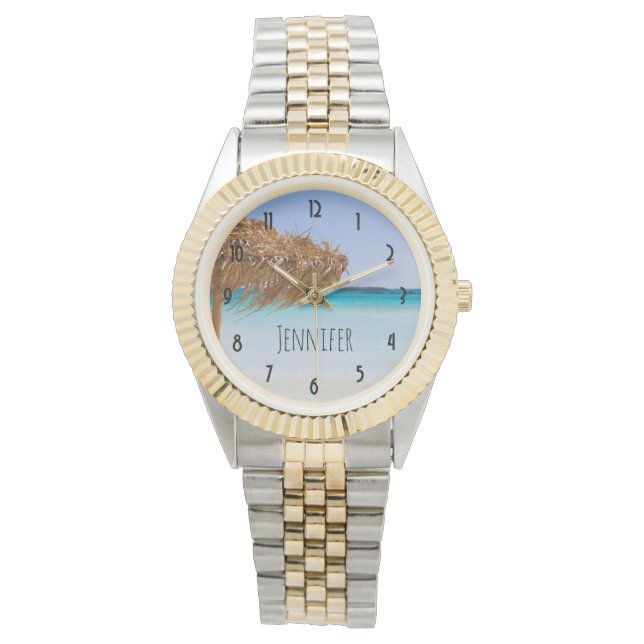 Scenic Tropical Beach with Straw Umbrella Watch (Front)
