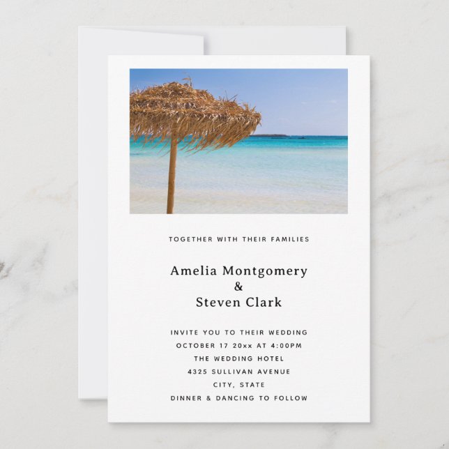 Scenic Tropical Beach with Straw Umbrella Wedding Invitation (Front)