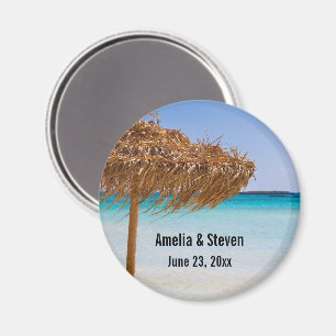 Scenic Tropical Beach with Straw Umbrella Wedding Magnet