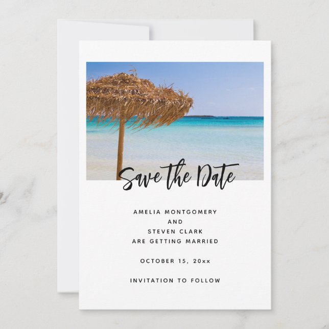 Scenic Tropical Beach with Straw Umbrella Wedding Save The Date (Front)