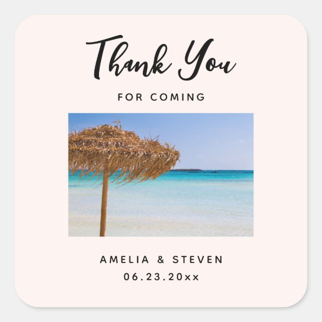 Scenic Tropical Beach with Straw Umbrella Wedding Square Sticker (Front)