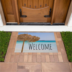 Scenic Tropical Beach with Straw Umbrella Welcome Doormat