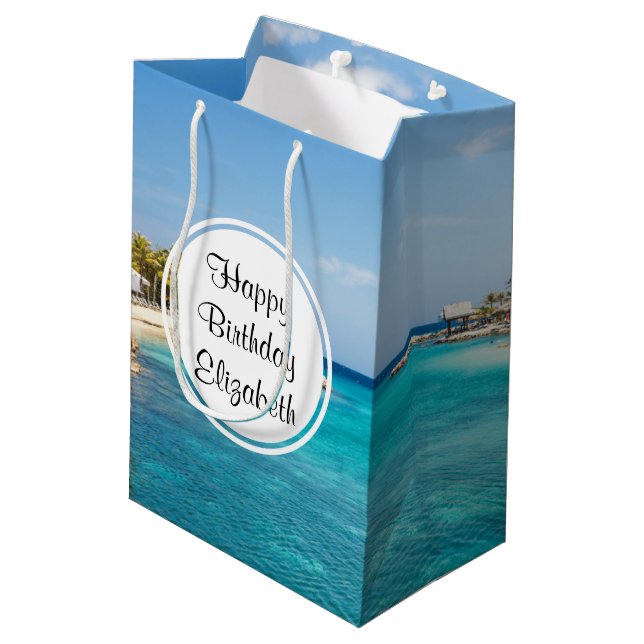 Scenic Tropical Beach with Thatched Huts Birthday Medium Gift Bag (Back Angled)