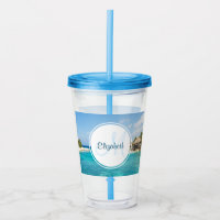 Scenic Tropical Beach with Thatched Huts Monogram