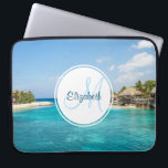 Scenic Tropical Beach with Thatched Huts Monogram Laptop Sleeve<br><div class="desc">A laptop sleeve with a beautiful photo featuring a tropical beach resort. 
Pretty blue water and white sandy beach with thatched huts giving it a tranquil island vibe.
A white circle layered over top with your name and monogram initial inside.</div>