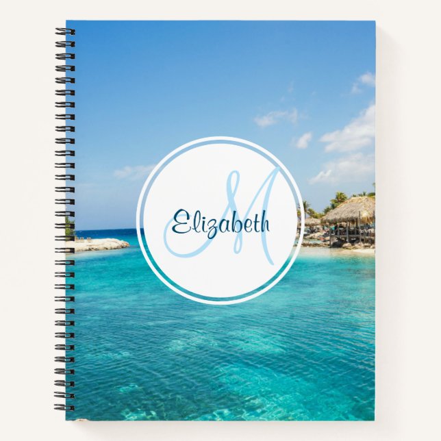 Scenic Tropical Beach with Thatched Huts Monogram Notebook (Front)