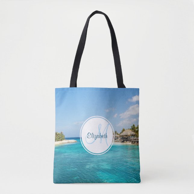 Scenic Tropical Beach with Thatched Huts Monogram Tote Bag (Front)