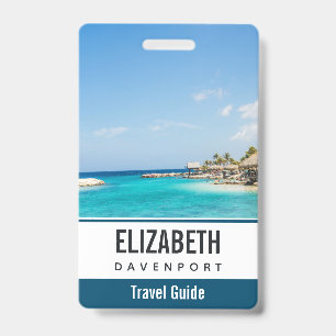 Scenic Tropical Beach with Thatched Huts Photo ID Badge