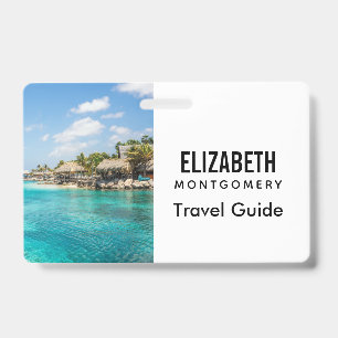 Scenic Tropical Beach with Thatched Huts Photo ID Badge