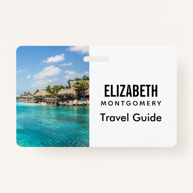 Scenic Tropical Beach with Thatched Huts Photo ID Badge (Front)