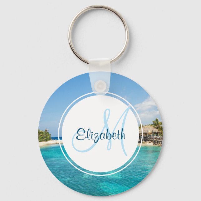 Scenic Tropical Beach with Thatched Huts Photo Key Ring (Front)