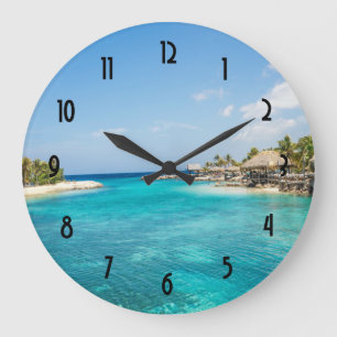 Scenic Tropical Beach with Thatched Huts Photo Large Clock