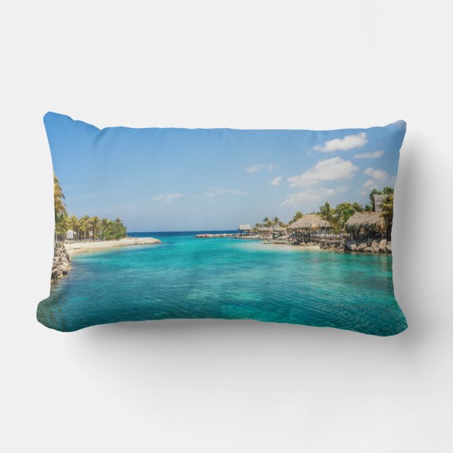 Scenic Tropical Beach with Thatched Huts Photo Lumbar Cushion (Front)