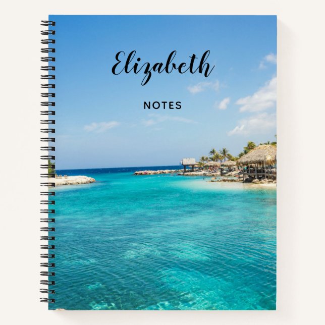 Scenic Tropical Beach with Thatched Huts Photo Notebook (Front)
