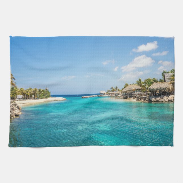 Scenic Tropical Beach with Thatched Huts Photo Tea Towel (Horizontal)