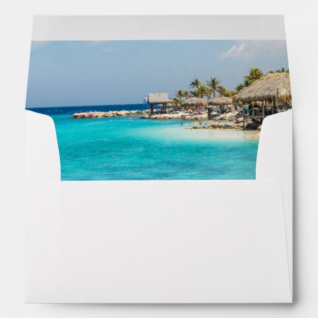 Scenic Tropical Beach with Thatched Huts Wedding Envelope (Back (Bottom))