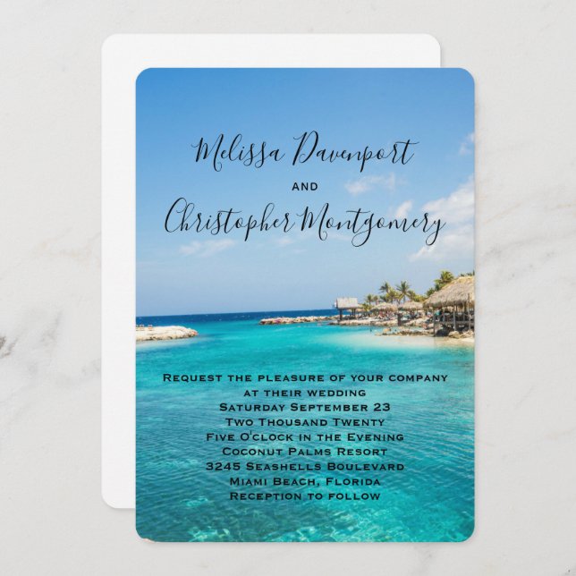 Scenic Tropical Beach with Thatched Huts Wedding Invitation (Front/Back)