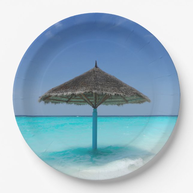 Scenic Tropical Beach with Thatched Umbrella Paper Plate (Front)