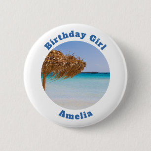 Scenic Tropical Beach with Umbrella Birthday Girl 6 Cm Round Badge