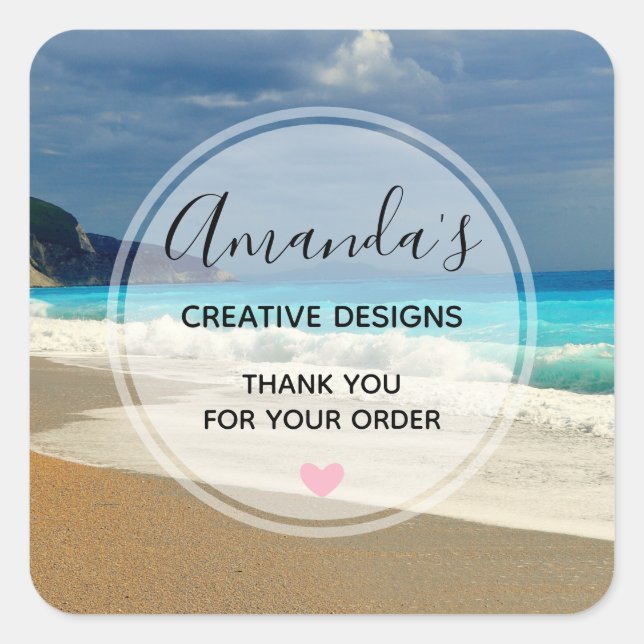  Scenic Turquoise Blue Sea Beach Photo Business Square Sticker (Front)