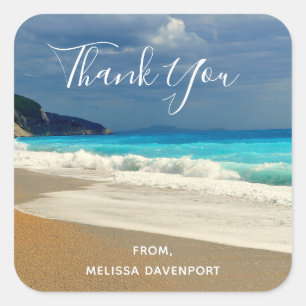 Scenic Turquoise Blue Sea Beach Photo Thank You Square Sticker