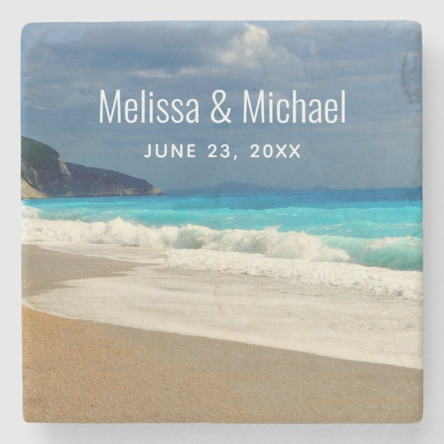 Scenic Turquoise Blue Sea Beach Photo Wedding Stone Coaster (Front)