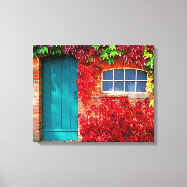 Scenic Turquoise Door with Vivid Autumn Leaves Canvas Print (Front)