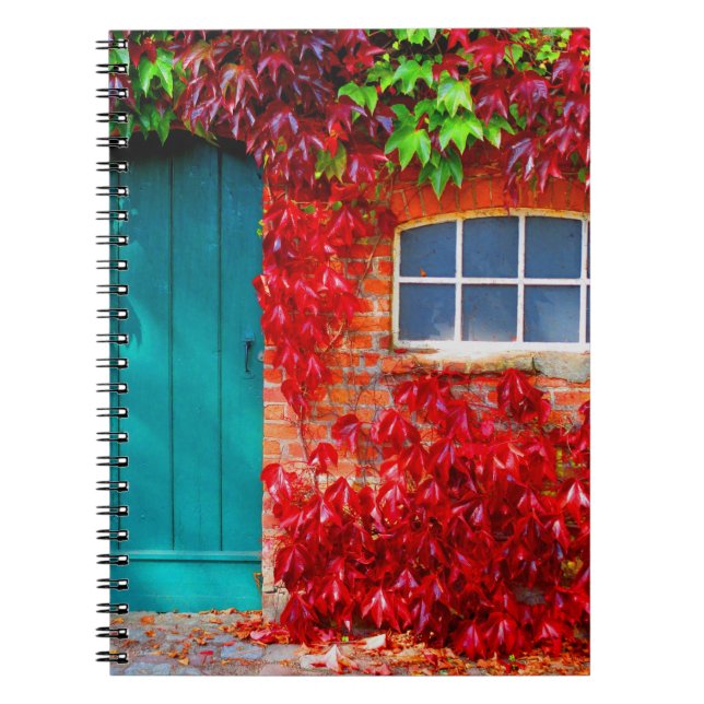 Scenic Turquoise Door with Vivid Autumn Leaves Spiral Notebook (Front)
