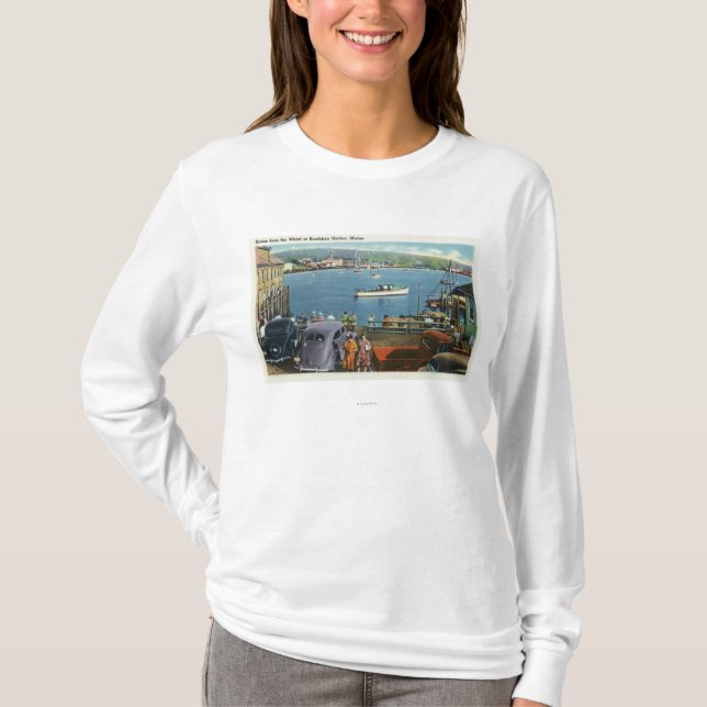 Scenic View from the Wharf, Boats and Cars T-Shirt (Front)