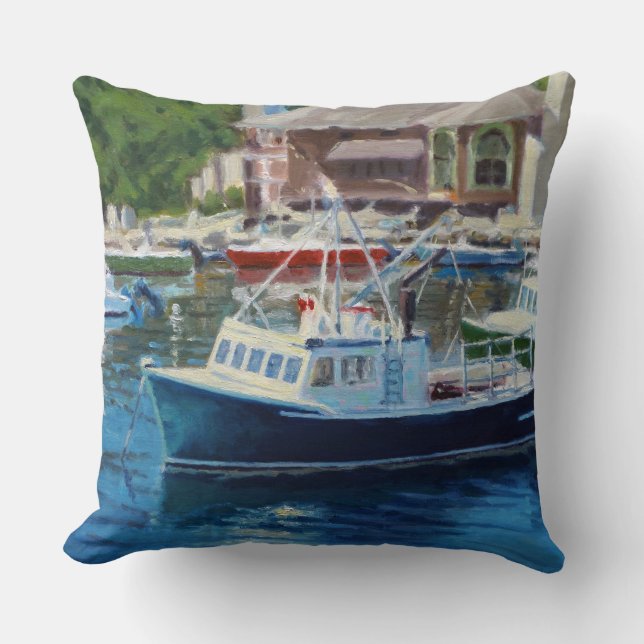 Scenic View of Fishing Boats Moored Rockport Cushion (Front)