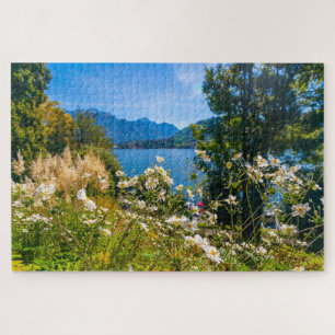 Scenic view of Lake Como through flowers, Italy Jigsaw Puzzle