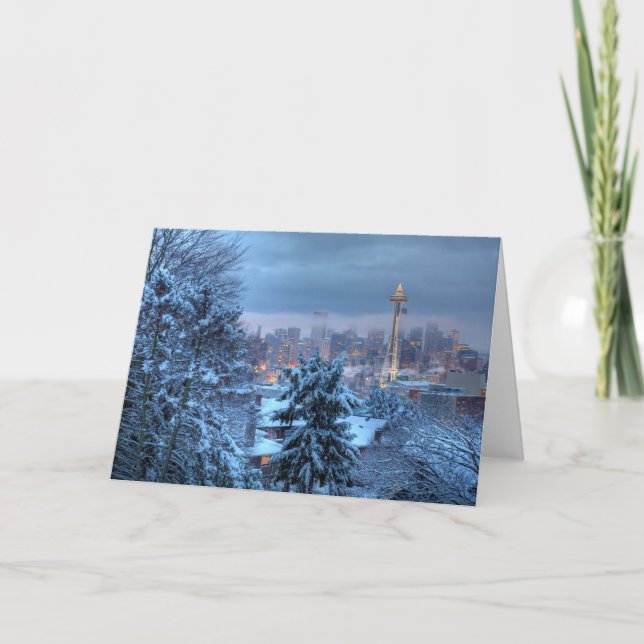 Scenic View of Snowy Seattle Holiday Card (Front)