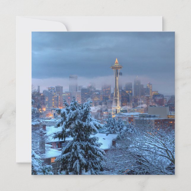 Scenic View of Snowy Seattle Holiday Card (Front)