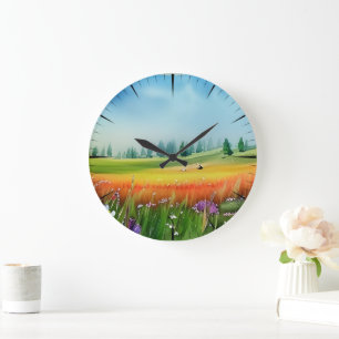 Scenic Watercolor Meadow Large Clock