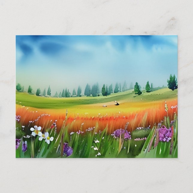 Scenic Watercolor Meadow Postcard (Front)