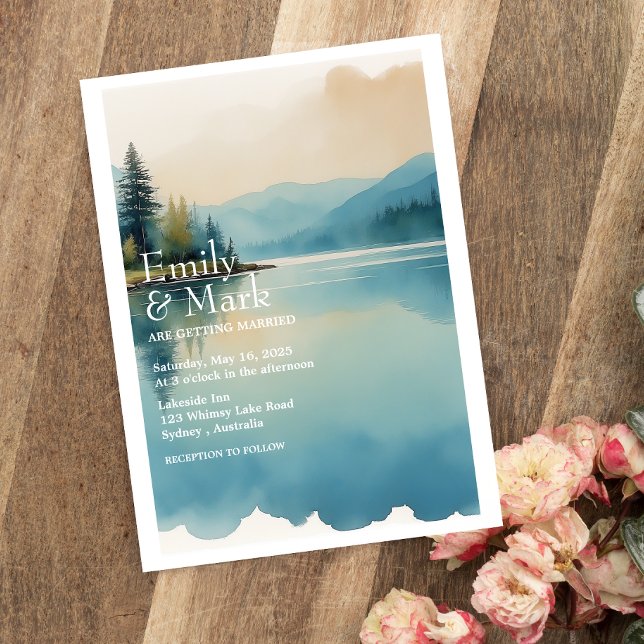 Scenic Watercolor Pine tree Lake wedding invite (Creator Uploaded)
