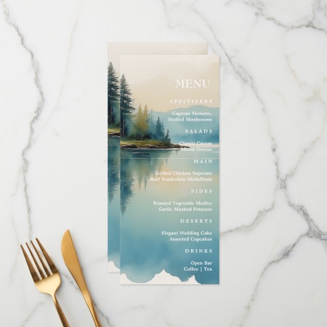 Scenic Watercolor Pine tree Lake wedding menu (Front/Back In Situ)