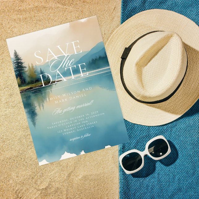 Scenic Watercolor Pine tree Lakeside Save the date Invitation (Creator Uploaded)