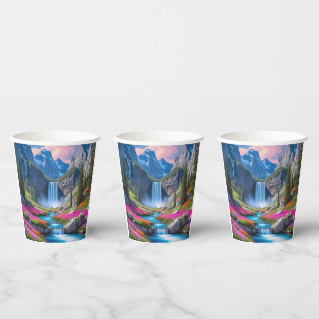 Scenic Waterfall & Mountain Landscape  Paper Cups (Multi)