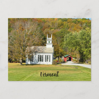 Scenic white church and covered bridge holiday postcard