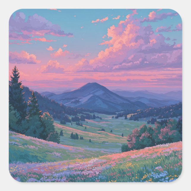 Scenic Wildflower Valley and Mountain Peak Square Sticker (Front)