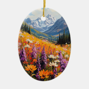 Scenic Wildflowers and Mountains Fine Art Ceramic Tree Decoration