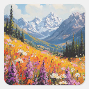 Scenic Wildflowers and Mountains Fine Art Square Sticker
